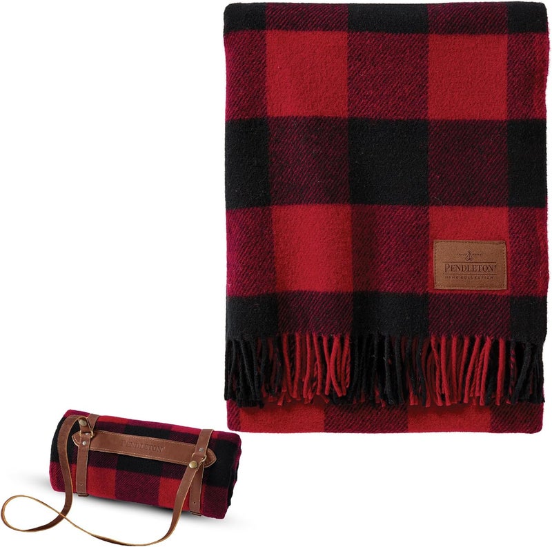 Pendleton Wool Blanket - Camping Blanket with Leather Strap Carrier - Plaid, Soft, Virgin Wool, Backpacking Blanket for Warmth and Comfort, Outdoor Adventures, Travel, Picnics, and Cozy Home Comfort - Image 1